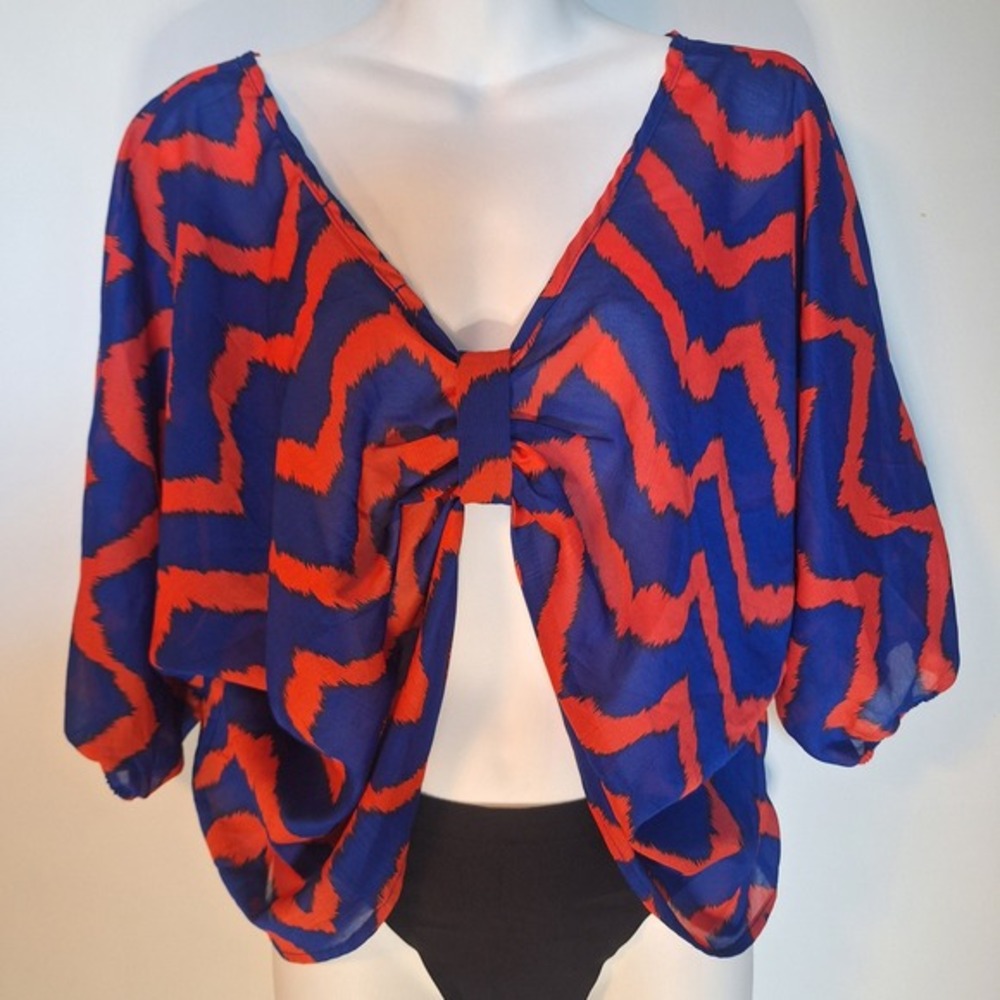Blue‎ and Orange Chevron Print Dolman Sleeve Knotted Hem Sheer Blouse Top